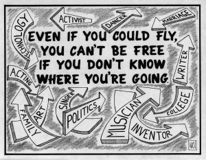An ink drawing in black and white, with graphic lettering that reads 