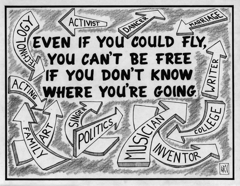 An ink drawing in black and white, with graphic lettering that reads 