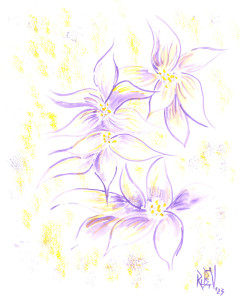 An impressionistic watercolor of iris-like flowers, made with strong lines and light shading in violet tones. The pistols and stamens are well defined, with yolk-colored pollen also visible. Splotches of pale yellow purple are dotted around the negative space. It is signed by the artist.