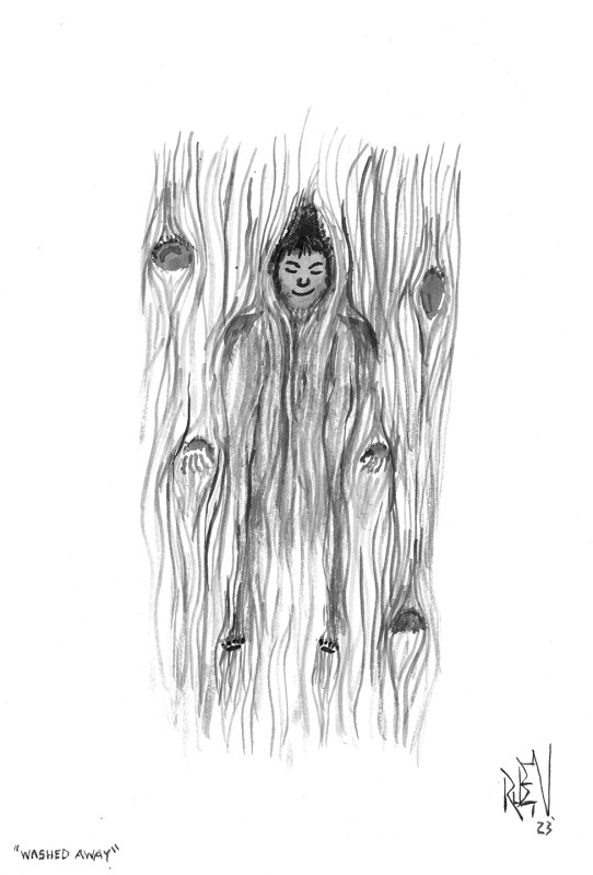 A pen drawing of a female figure partly submerged in water, seen from above, The water swirls around her with abstracted lines, her face, hands, and toes are above the surface. These elements float in negative space.