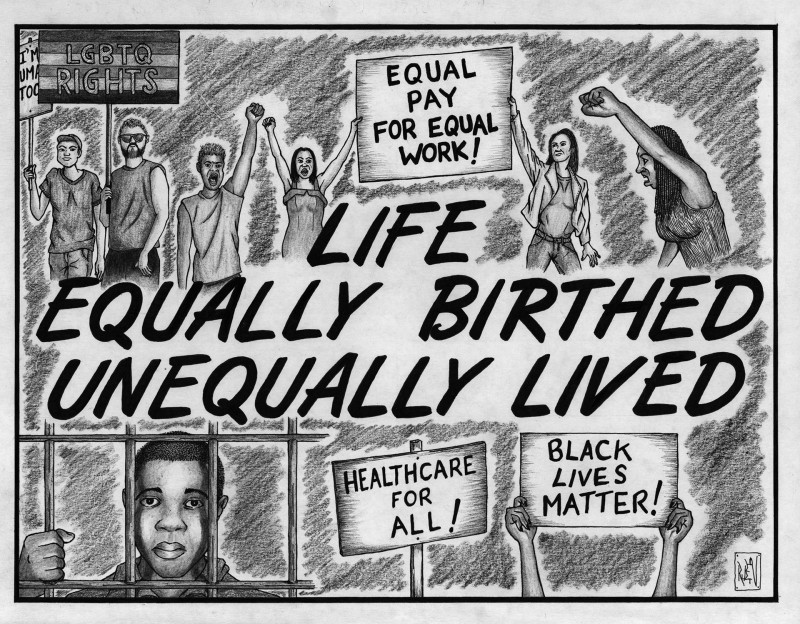 An ink drawing with graphic text reading 
