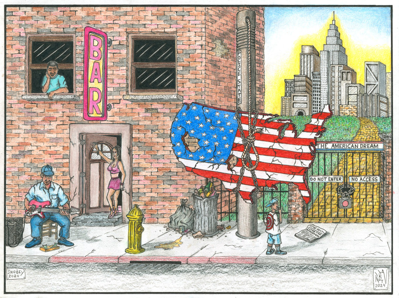 A bright, colorful ink and colored pencil drawing of an urban street. A grotty brick building with a large 