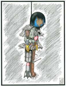 An allegorical image in ink and colored pencil showing a hanged figure. The figure's head is the earth, its hair is an oil spill. There are various symbols of ecological problem factors, like a gasoline can, plastics, an oil barrel, and a bottle of pesticide, that form the rest of its body.