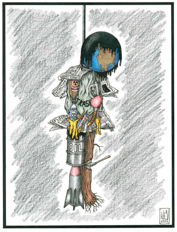 An allegorical image in ink and colored pencil showing a hanged figure. The figure's head is the earth, its hair is an oil spill. There are various symbols of ecological problem factors, like a gasoline can, plastics, an oil barrel, and a bottle of pesticide, that form the rest of its body.