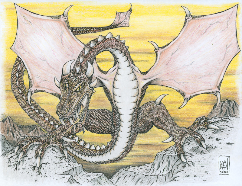 A well rendered drawing of a dragon, facing out from the image, straddling two rocky mountain peaks. It has gold scales and white spines. It's flaring its wings, which have a pink, veiny underside. It's tongue is out and it glares threateningly.
