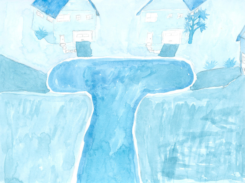 A watercolor painting of a suburban cul de sac from a low bird's eye perspective. The painting is entirely shades of blue. Two neat, small houses are at the end of the road. Both have yards and plants outside.