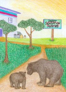 A colored pencil drawing of a momma bear and her cub. The animals are in the foreground, standing in the center of a dirt road with glass on either side and some trees to the left. The road ends in a T in the middle distance. There is a building with horizontal siding and some trash cans out front on the left. On the right, there is a large elevated sign that reads 