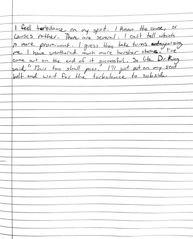 A notebook page with text reading 