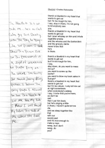 A notebook page with a poem by Charles Bukowski, and text reading 