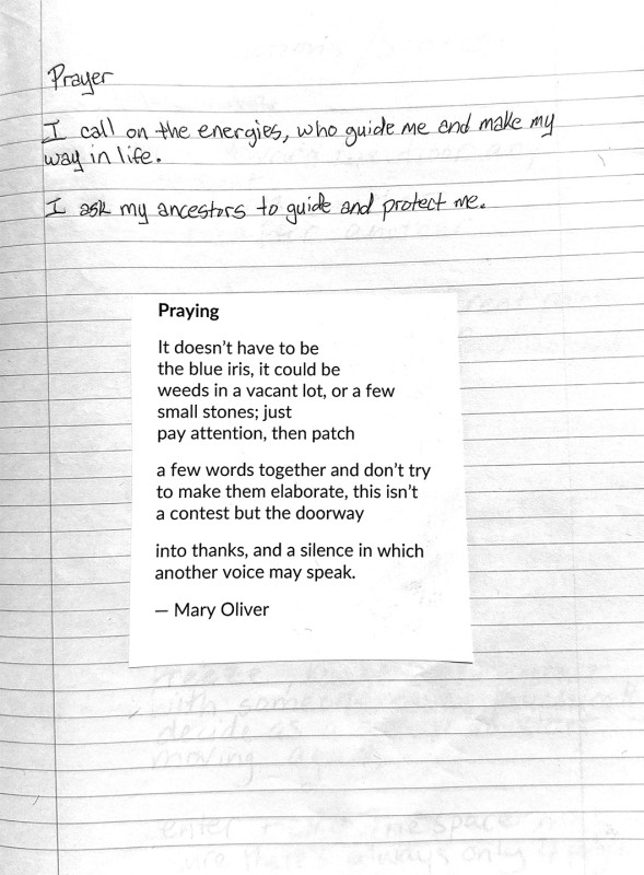A notebook page with a poem by Mary Oliver, and text reading 