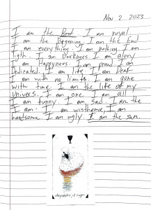 A notebook page with an indecipherable image, and text reading 