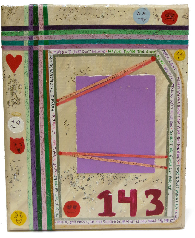 A beige painting with vertical and horizontal multicolored lines making an off-center 