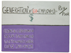 A horizontal painting that is light grey at the top and purple underneath. At top, there is text reading 