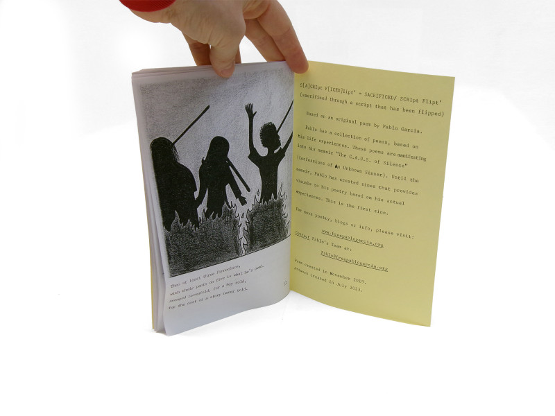 Another detail of the previous zine. This photograph shows the last page and inside back cover, with indistinct text and drawings featured.