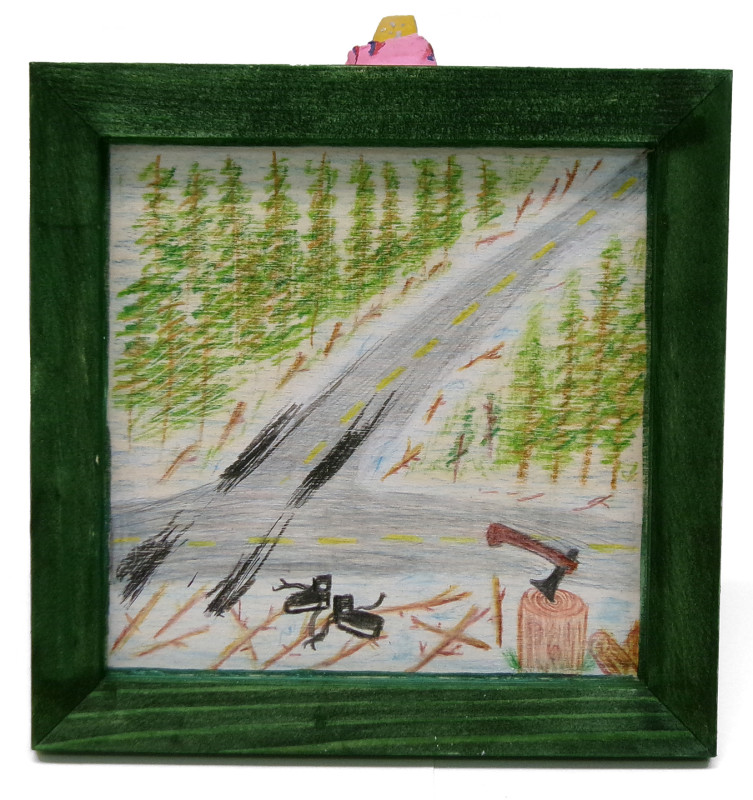 A drawing of the T intersection of two two-lane roads. The approaching road is forested on either side, the perpendicular road shows downed timber and a log with an ax in it. There is a pair of boots near the ax. There are black marks on the road, suggesting tire tracks.