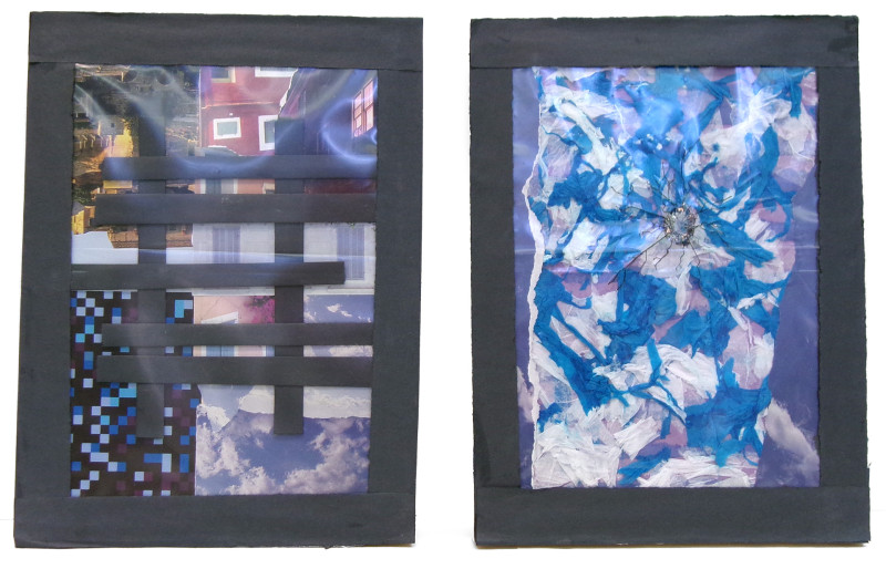 A diptych collage. The lefthand element is rectilinear, with black lines overset on photographic elements like clouds, 8-bit patterns, and landscape. The righthand element is purely abstract in tones of blue and purple with a jewel-like appliqué in the center. Both have strong black borders.