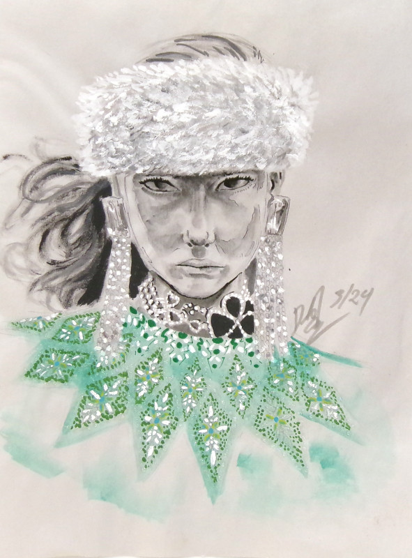 A drawing of a woman from the shoulders up. She is wearing a fur headwrap, oversized bejeweled earrings, and a choker encrusted with jewels. At her neck is a green patterned area suggesting the top of a garment.