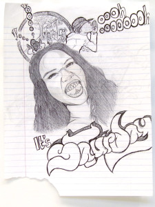 A drawing of a woman's face. her mouth is open like she's shouting. Below her is the text 