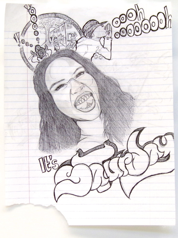 A drawing of a woman's face. her mouth is open like she's shouting. Below her is the text 