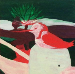 A painting of a red and white humming bird, sitting on a bulbous white shape. The background contains a palm tree-like shape and an abstract forest green and burgundy background.