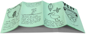 The previous zine, seen unfolded and upside-down. This view shows the front and back covers and middle pages. All have indistinct drawings and indistinct text.