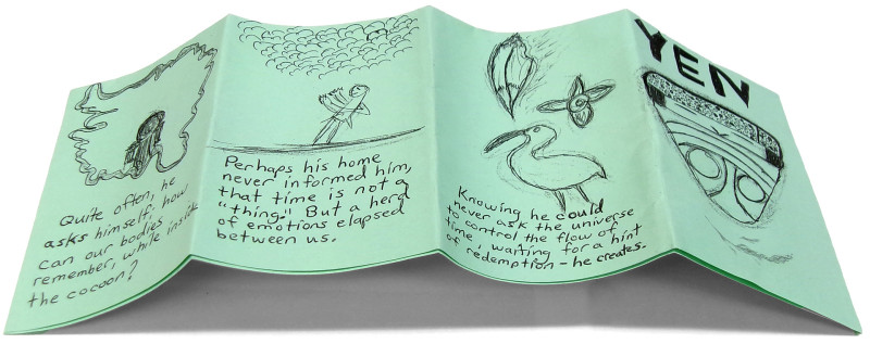 The previous zine, seen unfolded and upside-down. This view shows the front and back covers and middle pages. All have indistinct drawings and indistinct text.