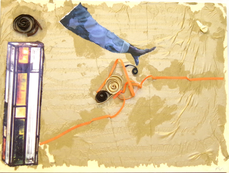 Collaged elements affixed to a board. A rectangular shape is at left, with a gridded pattern containing either white or colorful patterns. Some rolled paper is glued to the board, defining an abstract line. A magazine cutout of an arm floats in the upper middle. The prevailing color is tan.