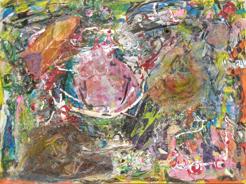 A purely abstract painting, with splotches of color throughout. A faint image of a face is collaged at lower left. Another piece of collage that looks like an illustrated feather is above it.