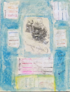A collage with teal blue color washes around several white rectangles containing lines of various shades, like writing paper. The handwritten text 