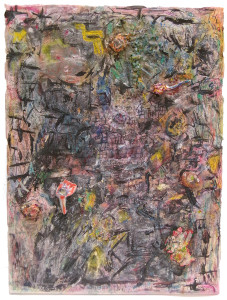 A purely abstract image with splotchy shapes in the background and rough black marks on top. There is a mix of dull colors with bits of yellow scattered throughout.