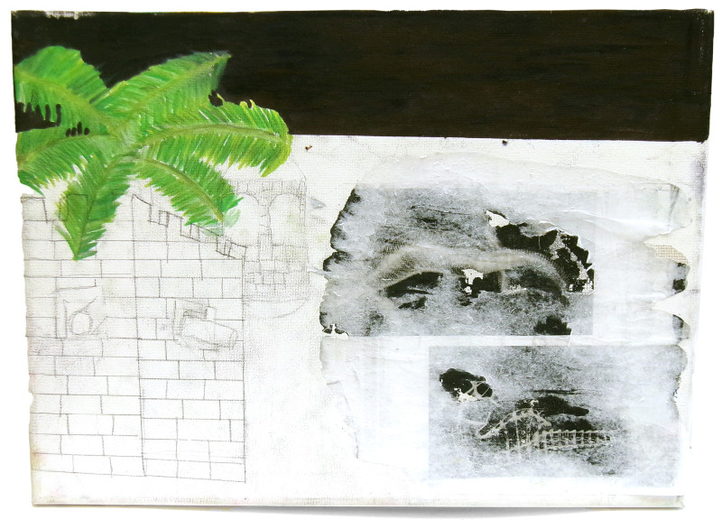 A horizontal painting with a strong black rectilinear shape in the top third and negative space at the bottom. On the left in the negative space is a drawing of a brick wall and painted palm fronds. At right are two ambiguous monochromatic images that are somehow pasted onto the painting.