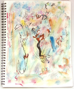 A purely abstract image with lines and splotches of pastel colors throughout, on a page in a spiral notebook. On top of the colors are black ink marks, mostly linear, like crosshatching.
