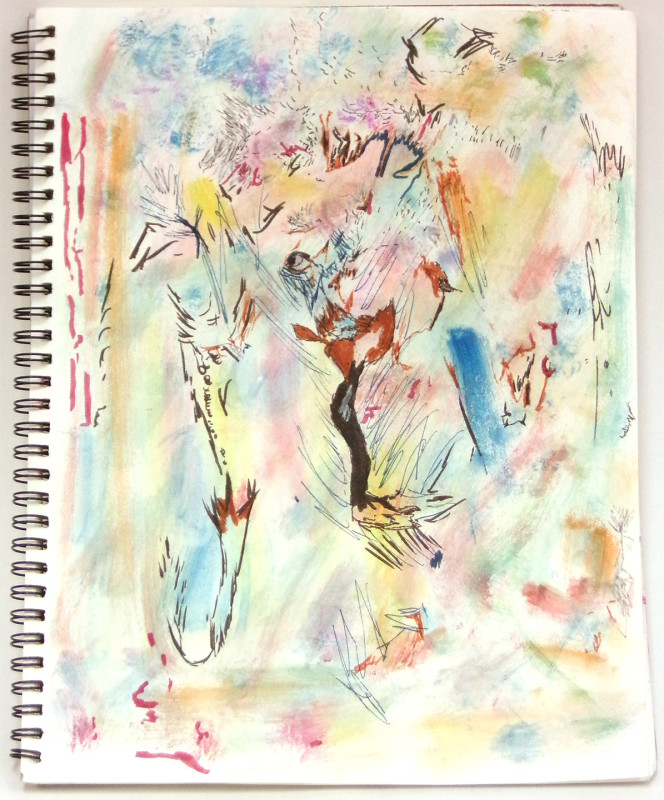 A purely abstract image with lines and splotches of pastel colors throughout, on a page in a spiral notebook. On top of the colors are black ink marks, mostly linear, like crosshatching.