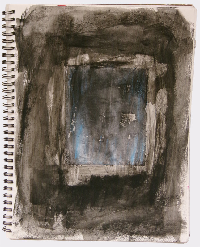 An abstract image on a page in a spiral notebook. Black brushstrokes cover the page. In the center is a faint image of an elderly Asian woman's face pasted in.
