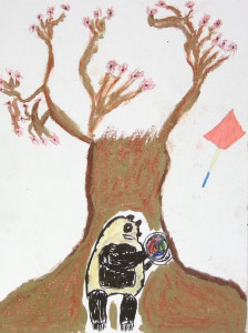 A painting of a crudely imaged panda flying a kite in front of a tree. The tree has no leaves but it does have pink blossoms. It has an unrealistically fat trunk.