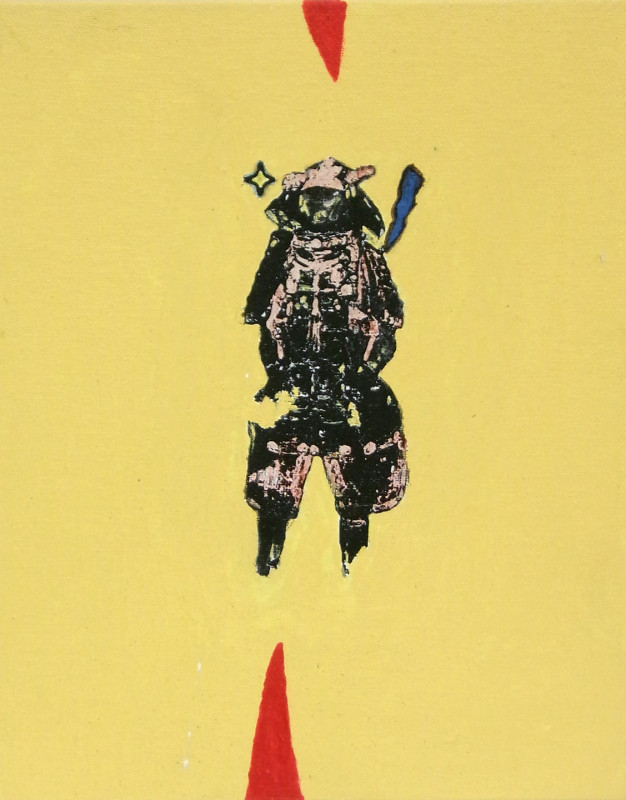 A collaged image of a samurai against a pale yellow color field. Red triangles are above and below the samurai.