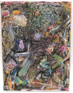 A purely abstract image in dark colors with pops of teal, yellow, and pink.