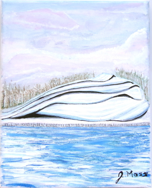 A painting of what might be an enormous shell, tent, ice berg, or modernist building on a shore. The background contains what might be trees or reeds. It looks like they are covered in snow. The sky and water are rendered in soft blues and purples suggesting dusk.