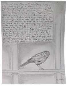A photorealistic drawing of a house sparrow sitting on prison bars. There is a paragraph of indistinct text behind the bird.