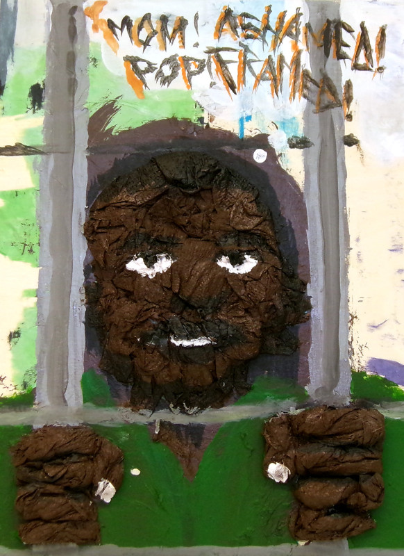 A painting of an African American man behind bars. Texture is created from pastiched paper. There is text reading 