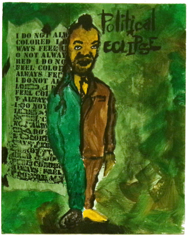 A full-figure portrait of a man with a mohowk and small beard. He wears half a prison uniform and half a business suit. The words 