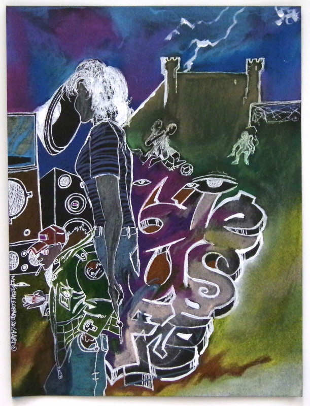 A complex image of a woman facing away from the viewer, surrounded by speakers and graffiti lettering. This is all rendered in white against a mottled green/blue background. A man in a puffer coat with his hands in his pockets appears in profile at the lower left. A building like a castle appears in the distance at top right.