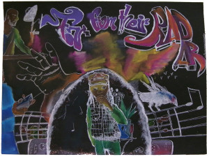 A pastel image drawn on black paper. A central figure appears in a vest with one hand covering his mouth. Behind him are parts of various things including a guitar fret, a bird, a remote control, music notes, gravestones, a hand reaching toward the viewer, and another figure. The words 