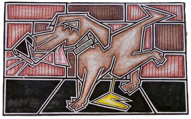 A drawing made from angular shapes, depicting a dog urinating. The background may be a brick wall, the foreground a sidewalk. The dog wears a studded collar and its tongue is out. Some fur is finely rendered.