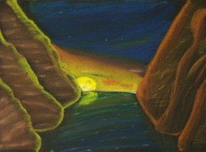 A landscape drawing, showing a body of water enclosed on either side by high mountainous areas. The sun is setting between them. The color palette is dusky, with a night sky settling over the yellowish sunset.