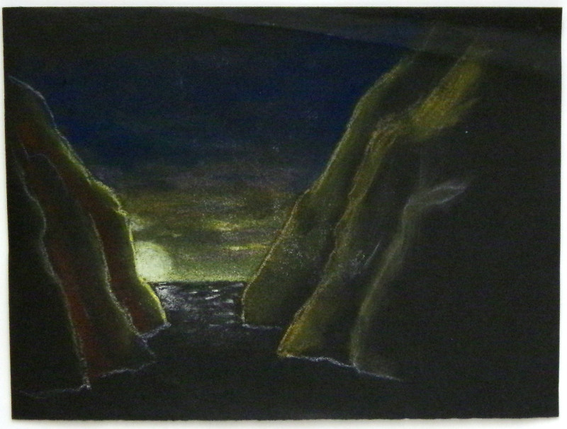 A landscape drawing, very similar to a previous image, showing a body of water enclosed on either side by high mountainous areas. The sun is setting between them. The color palette is darker than the previous image. It shows what might be a moon rise, with the moon in the same position as the sun in the previous image.
