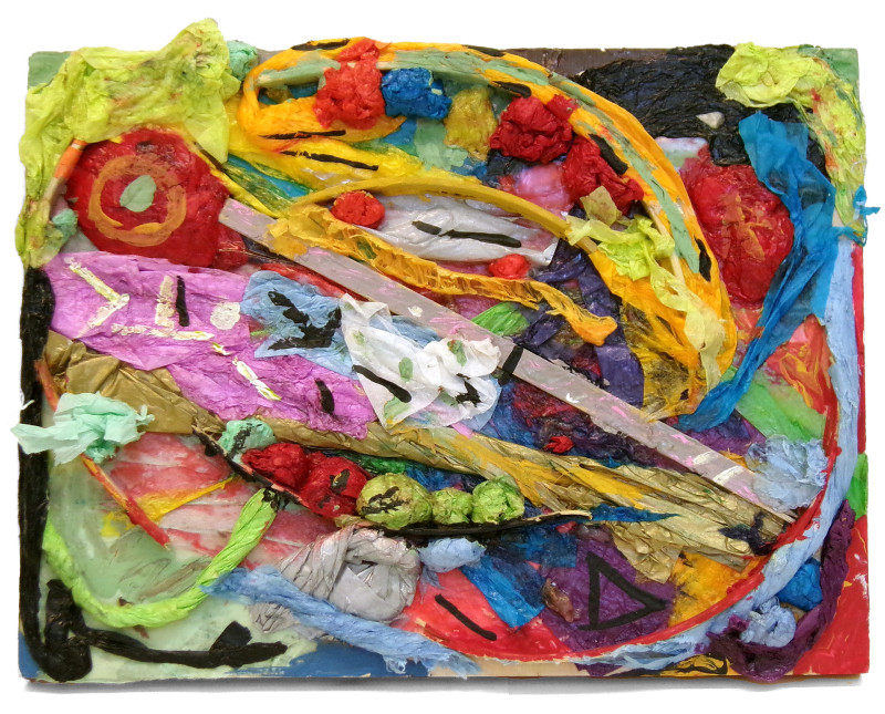 A purely abstract horizontal collage of random shapes and colors.