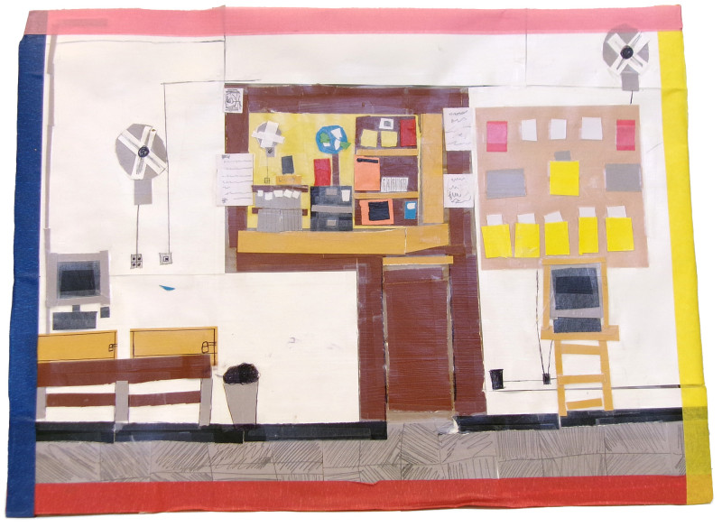 A collage with bits of paper taped to cardboard representing an interior room, perhaps an office. There is a computer, a chair, a bulletin board, a fan, and what may be a door. There is a boarder with a different color on each side, one yellow, one red, one blue, and one pink.