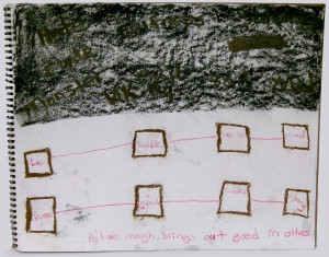 A drawing with a black charcoal color field in the top half and negative space in the bottom half. At the top are negative words like 