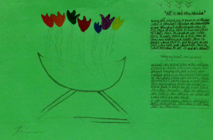 A drawing of seven tulip-like cut flowers in a shallow bowl or vase. It is made on green paper, the flowers each have dark colored petals. Two paragraphs of indistinct text appear at right.